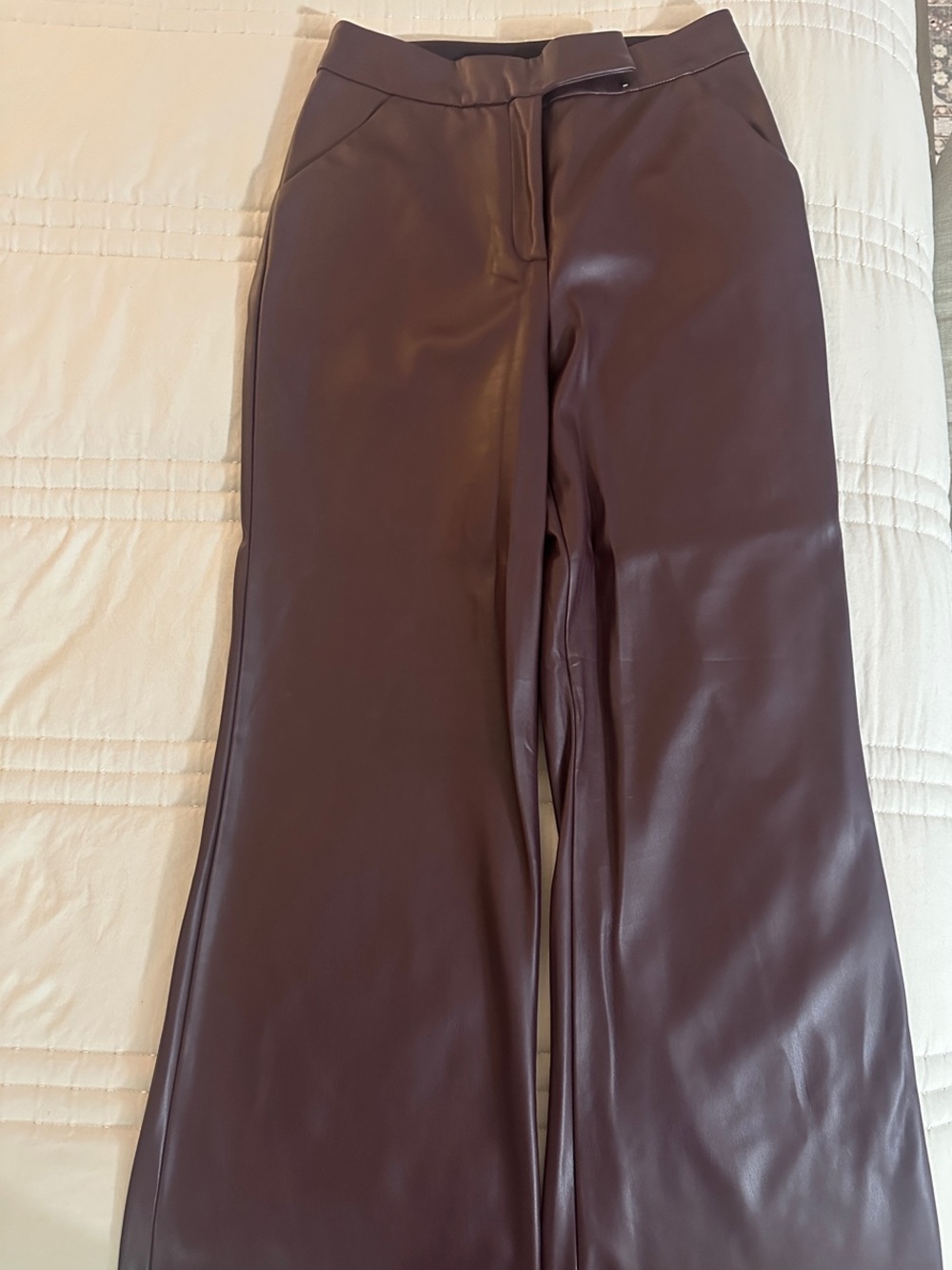 Express Women's Faux Leather Boot Flare Pants in Deep Burgundy